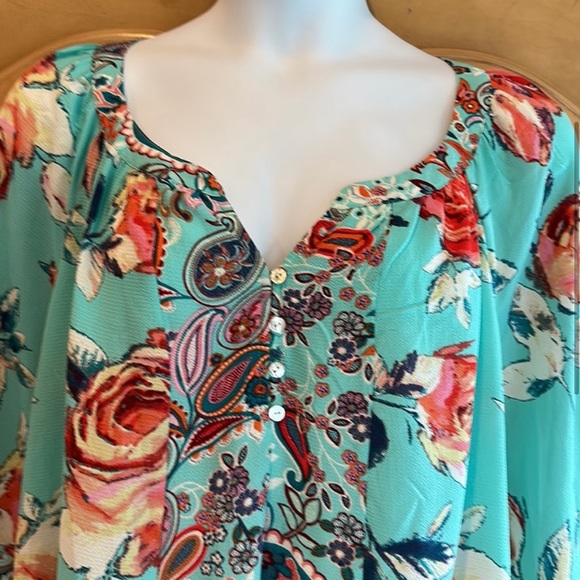 Anthropologie Fig & Flower Turquoise Floral Blouse - Picture 3 of 9